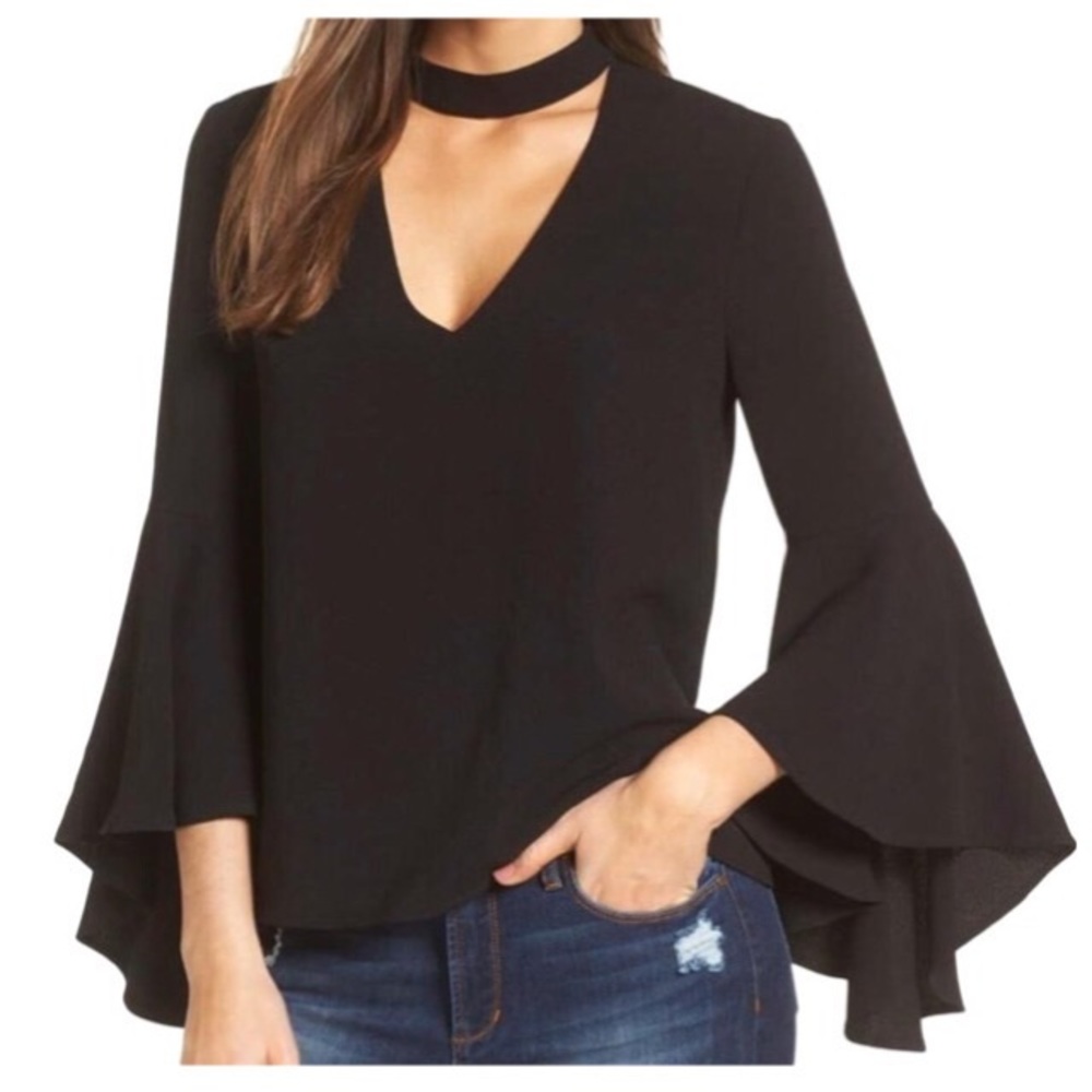 Wayf Black Choker Long Sleeve Going Out Blouse